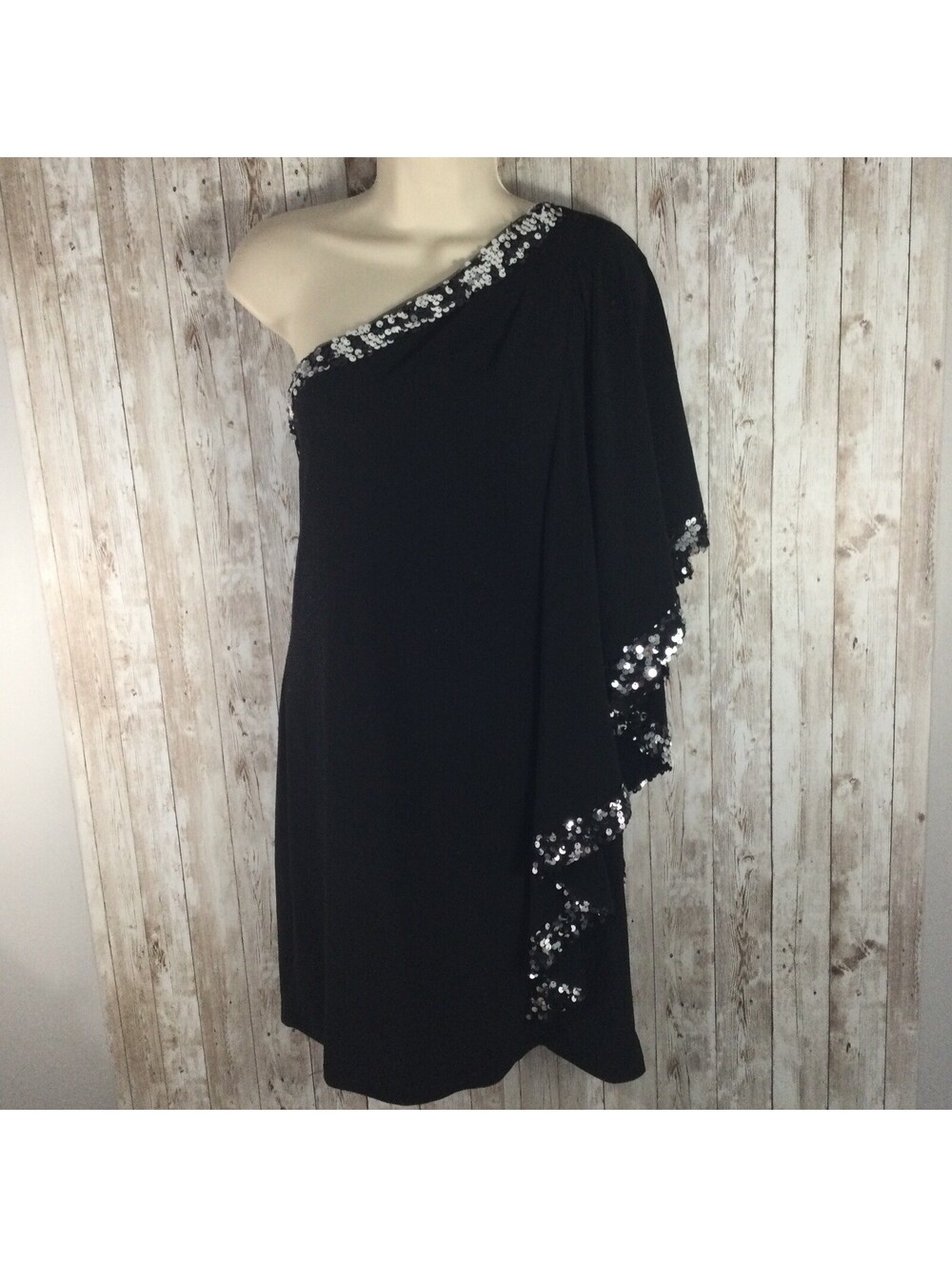 DJ-Jaz  Black Sequin One Shoulder Gorgeous Tunic or Mini Dress Size 10 L Lined